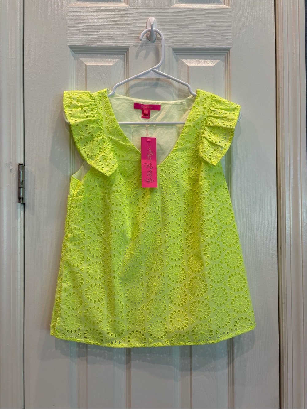 Lilly Pulitzer Lina Eyelet Top in Prickly Pear Neon Yellow
